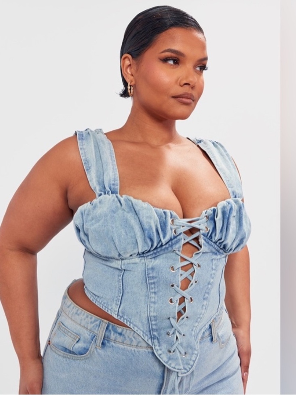 PrettyLittleThing Light Blue Denim Bleach Wash Lace-Up Corset Top Sz 16 NWT